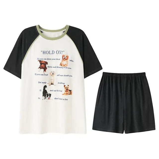 向薇 卡通可爱带胸垫短袖上衣家居服三分裤睡衣套装 女款 图片色