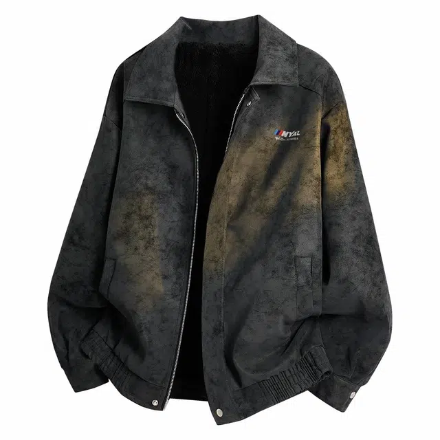 雅鹿 机车风纯色基础款加厚保暖休闲宽松翻领舒适加绒防寒夹克外套 男女同款