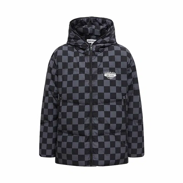 美特斯邦威 棋盘格印花满印连帽保暖羽绒服 男款