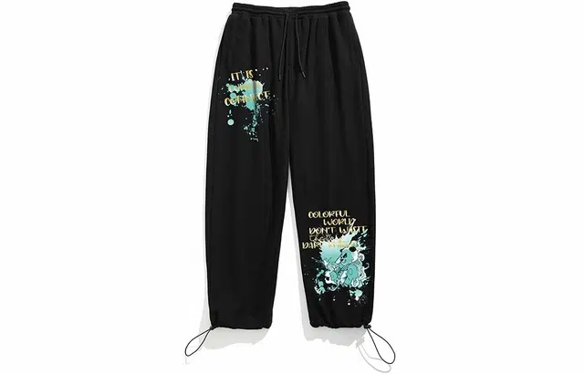 木村三社 字母熊猫印花纯棉束脚休闲裤 男女同款 黑色