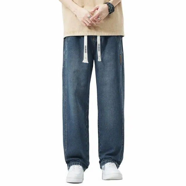 【dme】 美式高街水洗做旧松紧系带时尚百搭宽松垂感直筒休闲舒适阔腿牛仔裤 男女同款