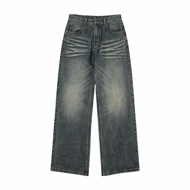 佐菲利 美式高街水洗做旧宽松直筒牛仔裤 男女同款 复古蓝