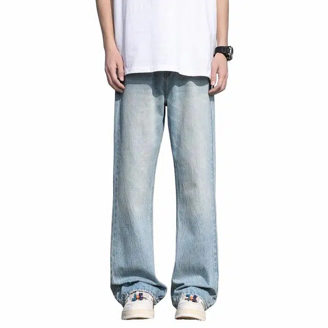 【dme】 水洗纯色百搭日常直筒宽松微喇牛仔裤 男女同款 冰川蓝色