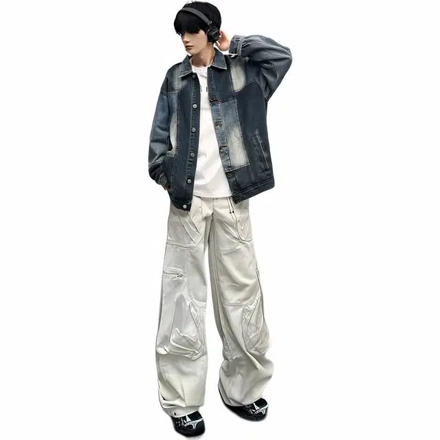 雅鹿 美式高街学院风简约高级感小众水洗做旧休闲长袖牛仔夹克外套 男女同款 蓝袖