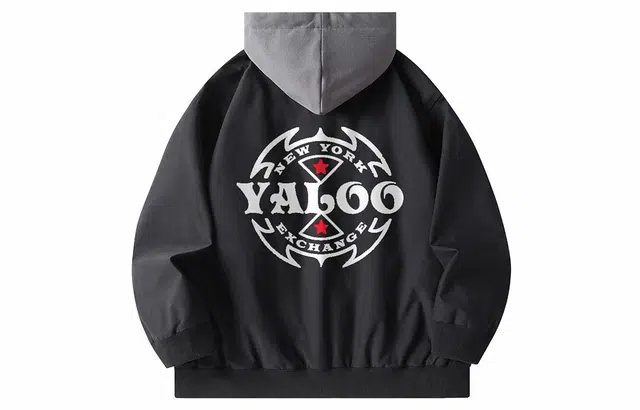 雅鹿 美式复古图案字母印花假两件拼接宽松落肩连帽夹克外套 男女同款