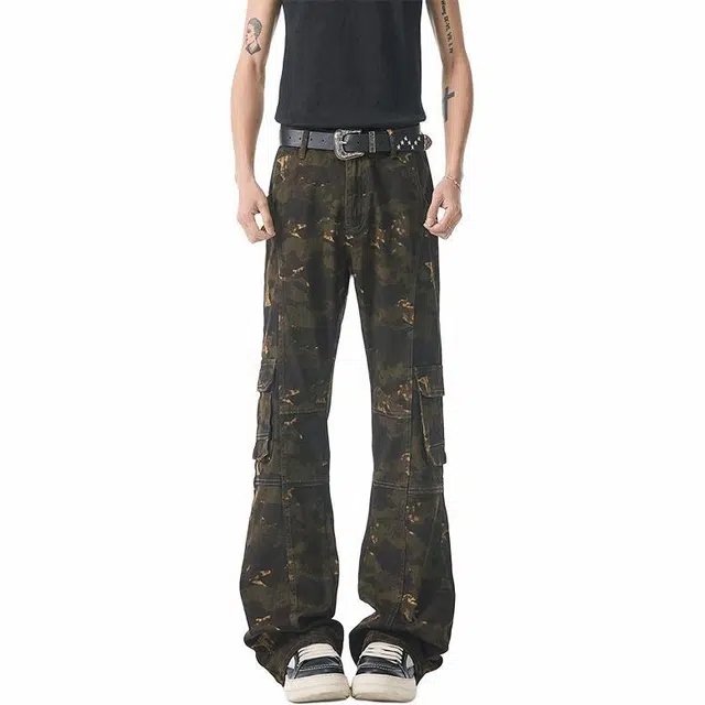 佐菲利 工装美式高街微喇弯刀牛仔裤 男女同款 迷彩