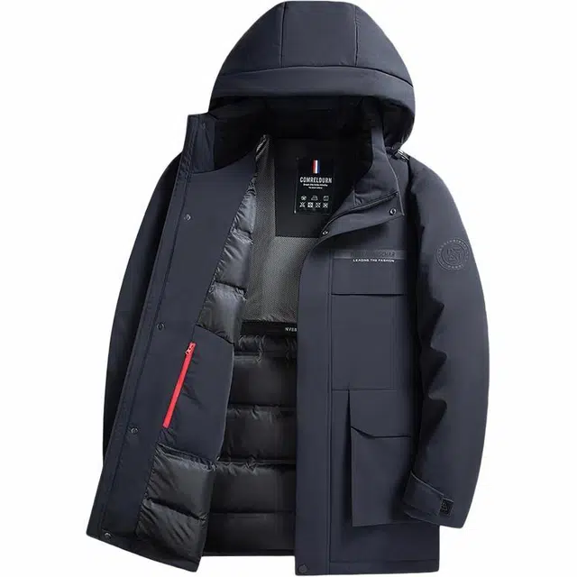 鸭鸭 中长款可拆连帽拉链羽绒服 男款