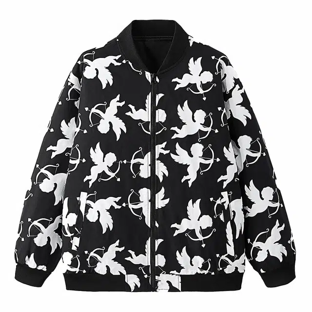 贵人鸟 潮流薄款丘比特全身设计个性爱心印花立领开衫拉链情侣长袖户外休闲时尚宽松通勤舒适夹克外套 男女同款 黑色