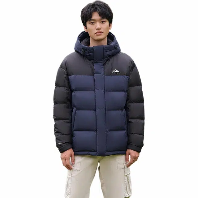 坦博尔 时尚休闲字母印花拼接连帽休闲保暖羽绒服 男款