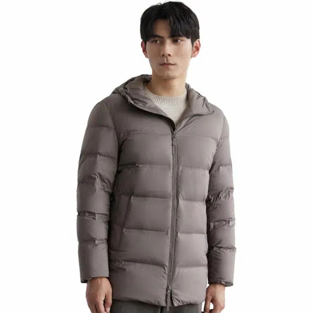 依文 纯色连帽休闲羽绒服 男款 灰咖色