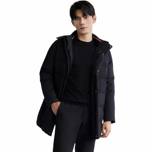 依文 中长款抗寒简约纯色羽绒服 男款 黑色