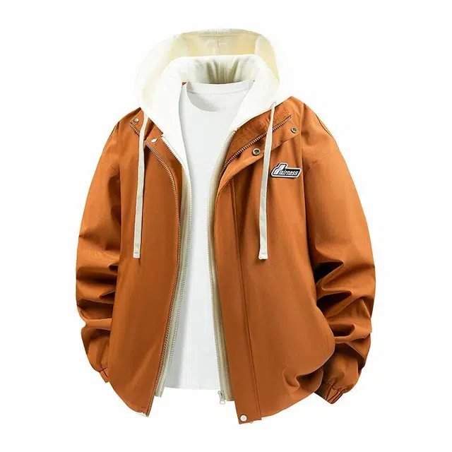 雅鹿 假两件连帽设计宽松休闲百搭夹克外套 男女同款 焦糖色