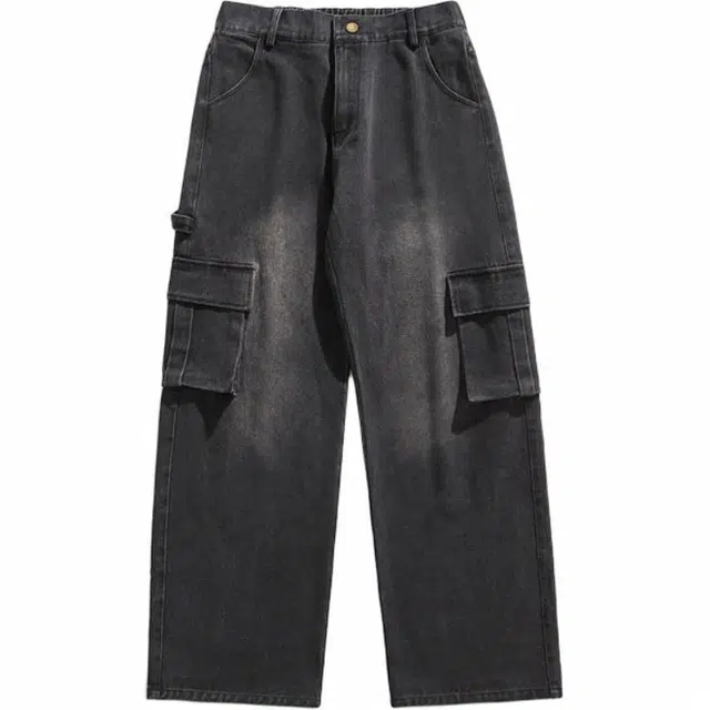 轻迎 工装大口袋宽松美式大码直筒休闲牛仔裤 男款
