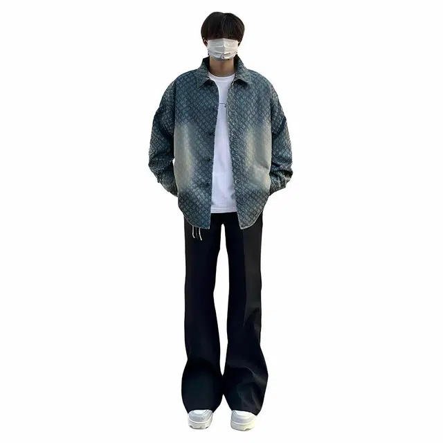 雅鹿 高街复古水洗做旧满印小碎花宽松百搭翻领单排扣休闲高级感牛仔夹克外套 男女同款 蓝色