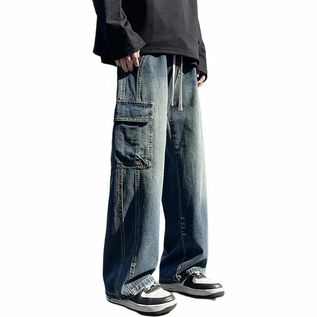 华夏儿女 春夏 美式复古工装大口袋宽松直筒休闲阔腿牛仔裤 男款