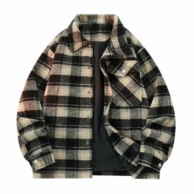 雅鹿 美式潮流时尚百搭休闲宽松高级感简约痞帅格子夹克外套 男女同款 黑色