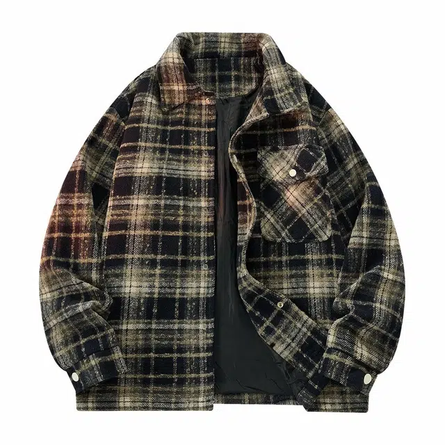 雅鹿 美式潮流翻领仿毛呢时尚百搭休闲宽松高级感高街痞帅设计感格子长袖夹克外套 男女同款 黑色