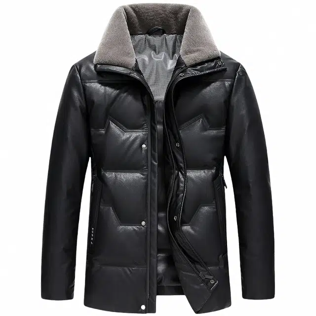 鸭鸭 中老年爸爸装纯色商务休闲防寒保暖翻领真皮羽绒服 男款