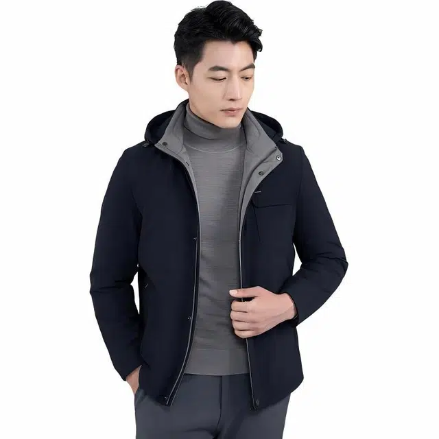 依文 纯色可脱卸帽拉链短款长袖棉服 男款