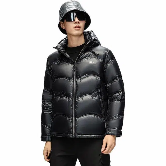 雅鹿 压胶保暖纯色加厚休闲连帽羽绒服 男款 黑色