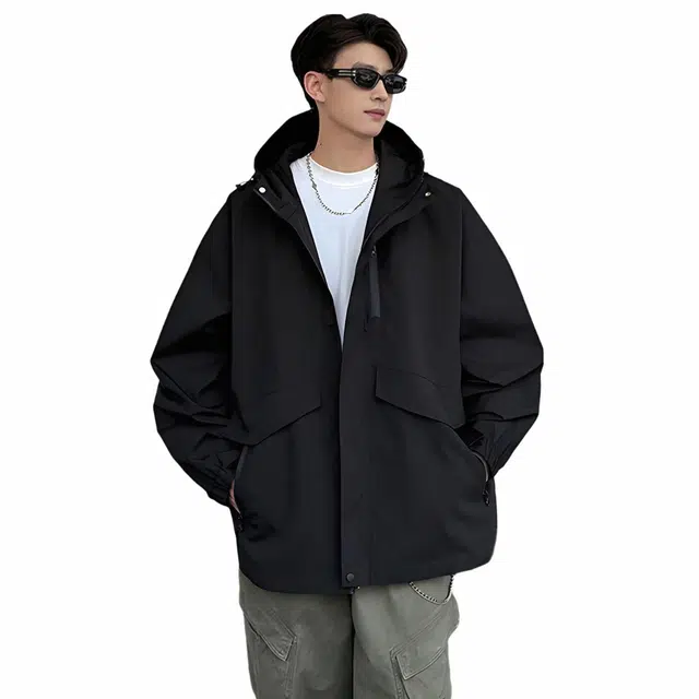 雅鹿 美式复古高街多拉链巴恩风工装外套户外运动防风时尚潮流宽松舒适日常通勤旅游百搭学院风重磅休闲落肩连帽长袖夹克 男女同款