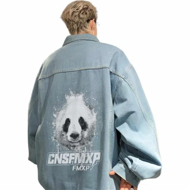 快鱼 美式复古水洗做旧卡通印花日常通勤舒适休闲宽松大码翻领牛仔外套 男女同款