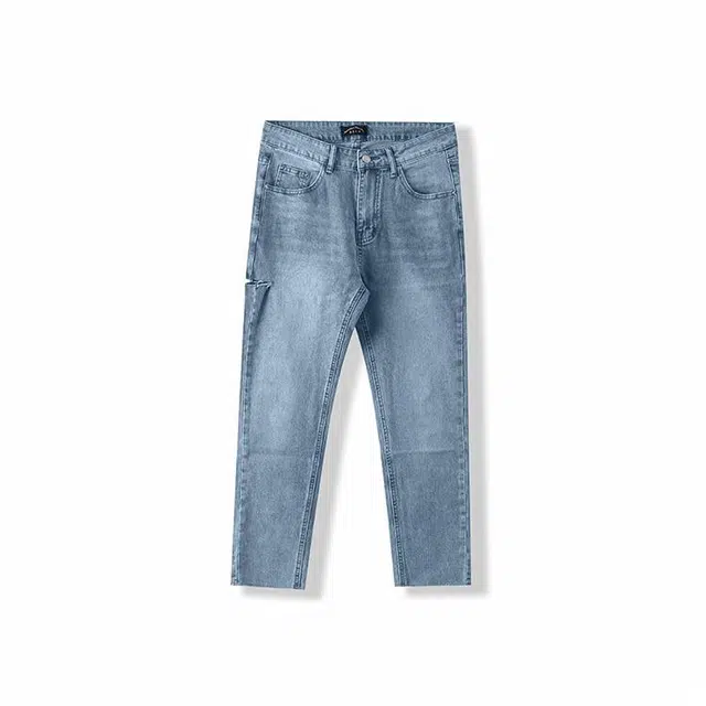 我是大卫 韩版水洗薄款个性百搭九分破洞修身小脚牛仔裤 男女同款 浅蓝色