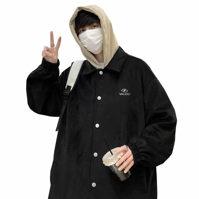 雅鹿 美式休闲宽松街头假两件高级感创意字母设计简约连帽麂皮绒夹克外套 男女同款 黑色