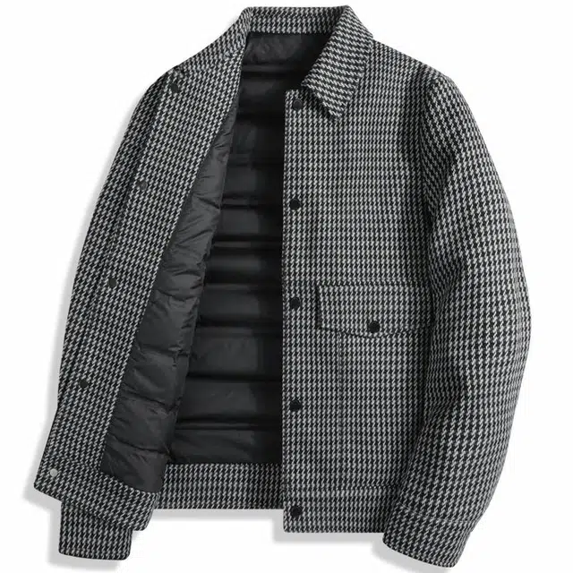 与狼共舞 千鸟格时尚休闲防风保暖翻领羽绒服外套 男款 中灰