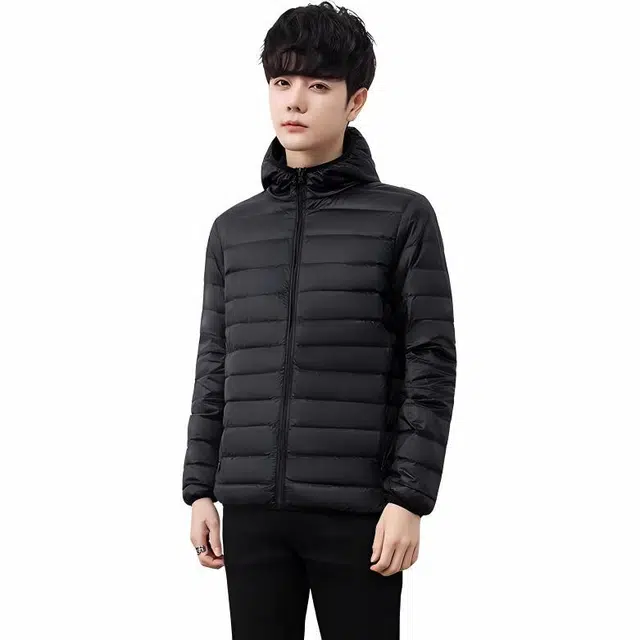 雅鹿 纯色连帽拉链薄款短款长袖羽绒服 男款
