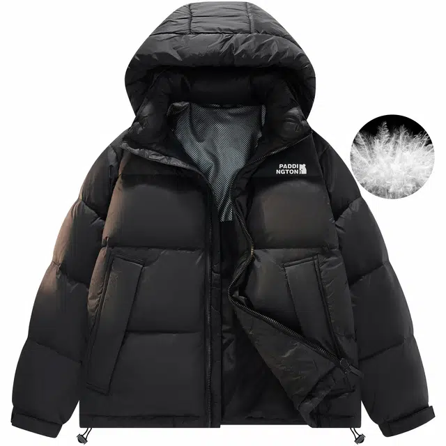 帕丁顿熊 基础款卡通小熊贴标撞色拼接宽松休闲可拆卸连帽防风外套防寒保暖加厚羽绒服 男女同款