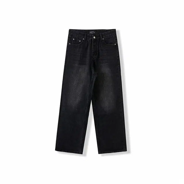 我是大卫 美式高街小众设计水洗做旧直筒宽松休闲阔腿拉链牛仔裤 男女同款 黑色