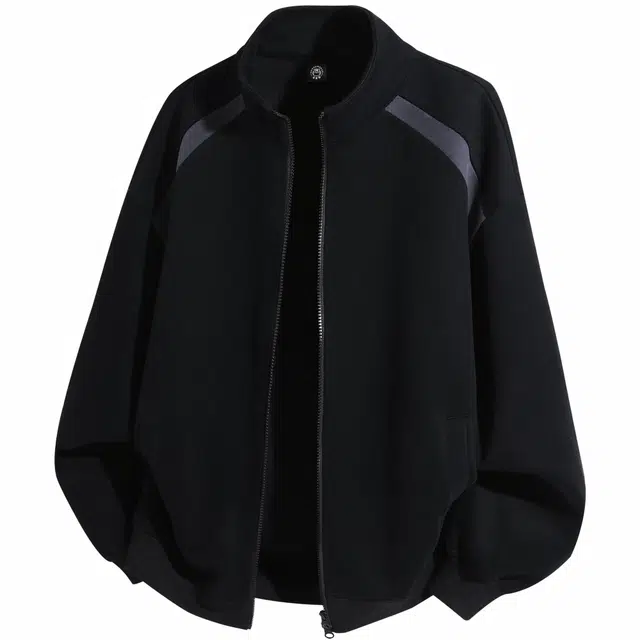 吾皇猫 高街美式复古无性别穿搭简约百搭拼接设计感高级感插肩袖立领运动休闲宽松基础款舒适透气时尚潮流双拉头开衫夹克外套 男女同款