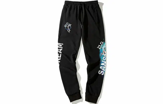 木村三社 点染字母十字架抽绳束脚休闲裤 男女同款 黑色