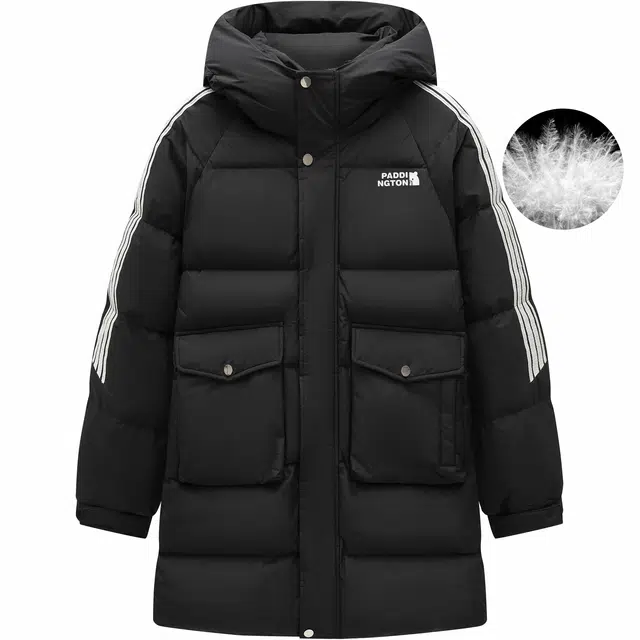 帕丁顿熊 基础款卡通小熊贴标条纹拼接宽松休闲连帽防风外套防寒保暖加厚中长款羽绒服 男女同款