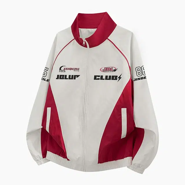 金贝勒 美式字母印花立领宽松休闲运动夹克外套 男女同款 米红色