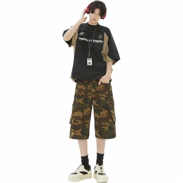 大白鲨 挂包美式街头工装裤男宽松迷彩裤子直筒休闲裤牛仔裤 男款