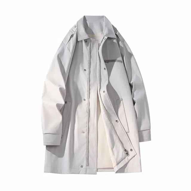 敦煌博物馆 简约纯色巴恩风硬挺中长款风衣大码翻领拉链装饰宽松休闲百搭长袖夹克外套 男女同款