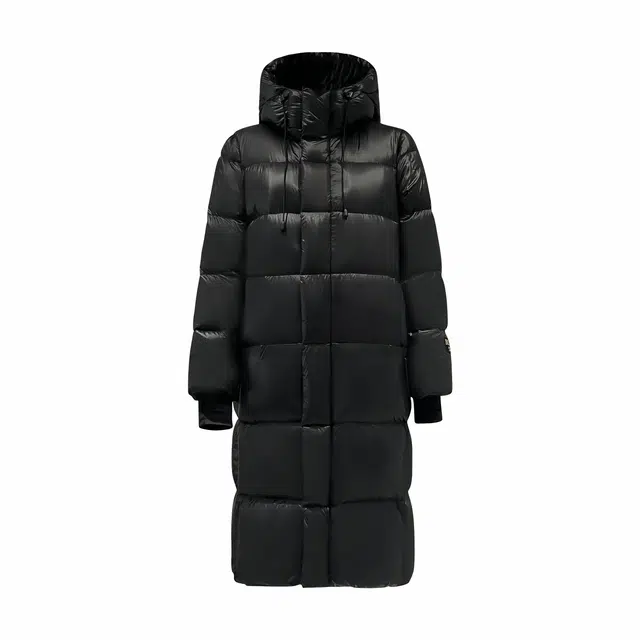鸭鸭 黑金标色奢金保暖过膝连帽防寒羽绒服 男女同款 黑色