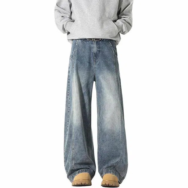 黑恐龙 美式高街复古做旧直筒宽松长裤垂感百搭牛仔裤 男女同款