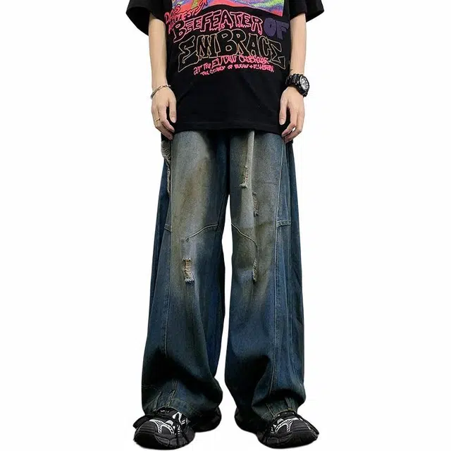 大白鲨 脏脏破洞男美式复古潮牌拖地阔腿高街设计感反穿宽松老爹裤牛仔裤 男款 蓝色