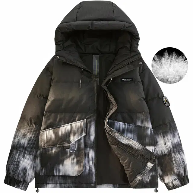 帕丁顿熊 简约字母贴标扎染渐变拼接休闲宽松面包服连帽防风防寒保暖加厚羽绒服 男女同款