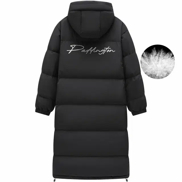 帕丁顿熊 简约手写花体字母印花纯色休闲连帽防风面包防寒保暖加厚长款羽绒服 男女同款