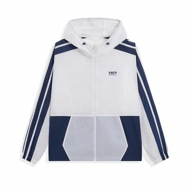 特步 拼色休闲运动薄外套单风衣 男女同款 珍珠白/墨韵蓝