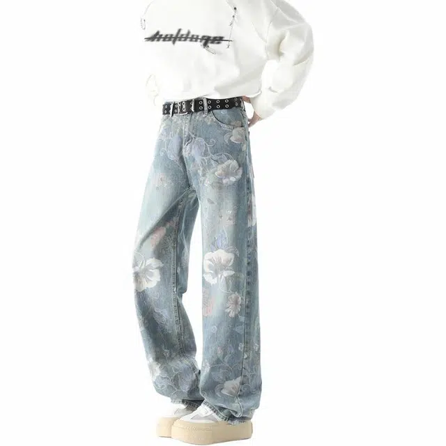 华夏儿女 美式小众高街潮牌宽松直筒裤牛仔裤 男款 浅蓝色