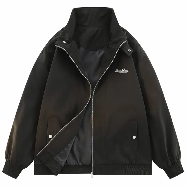 大卫贝肯 美式字母基础款工装教练户外通勤立领百搭舒适时尚长袖夹克外套 男女同款 黑色