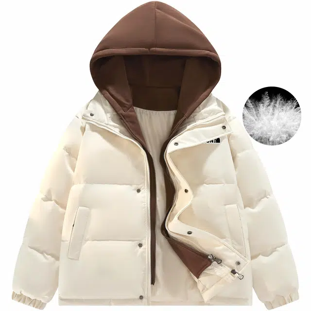 帕丁顿熊 简约小熊贴标假两件连帽撞色拼接休闲宽松面包服防风防寒保暖加厚羽绒服 男女同款