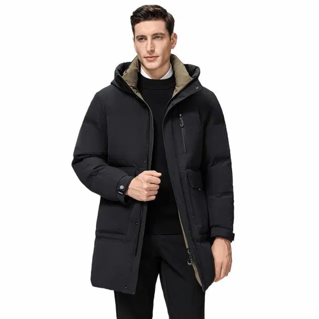 雅鹿 中长款连帽石墨烯保暖商务休闲装外套羽绒服 男款 黑色