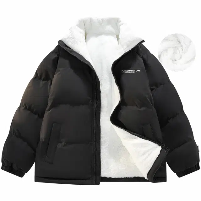 帕丁顿熊 基础款英文印花纯色宽松休闲面包服防风防寒保暖加绒加厚棉服外套 男女同款
