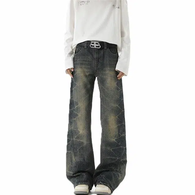 佐菲利 潮牌闪电纹微喇牛仔裤男款美式高街做旧复古蓝色长裤宽松直筒裤子 男女同款